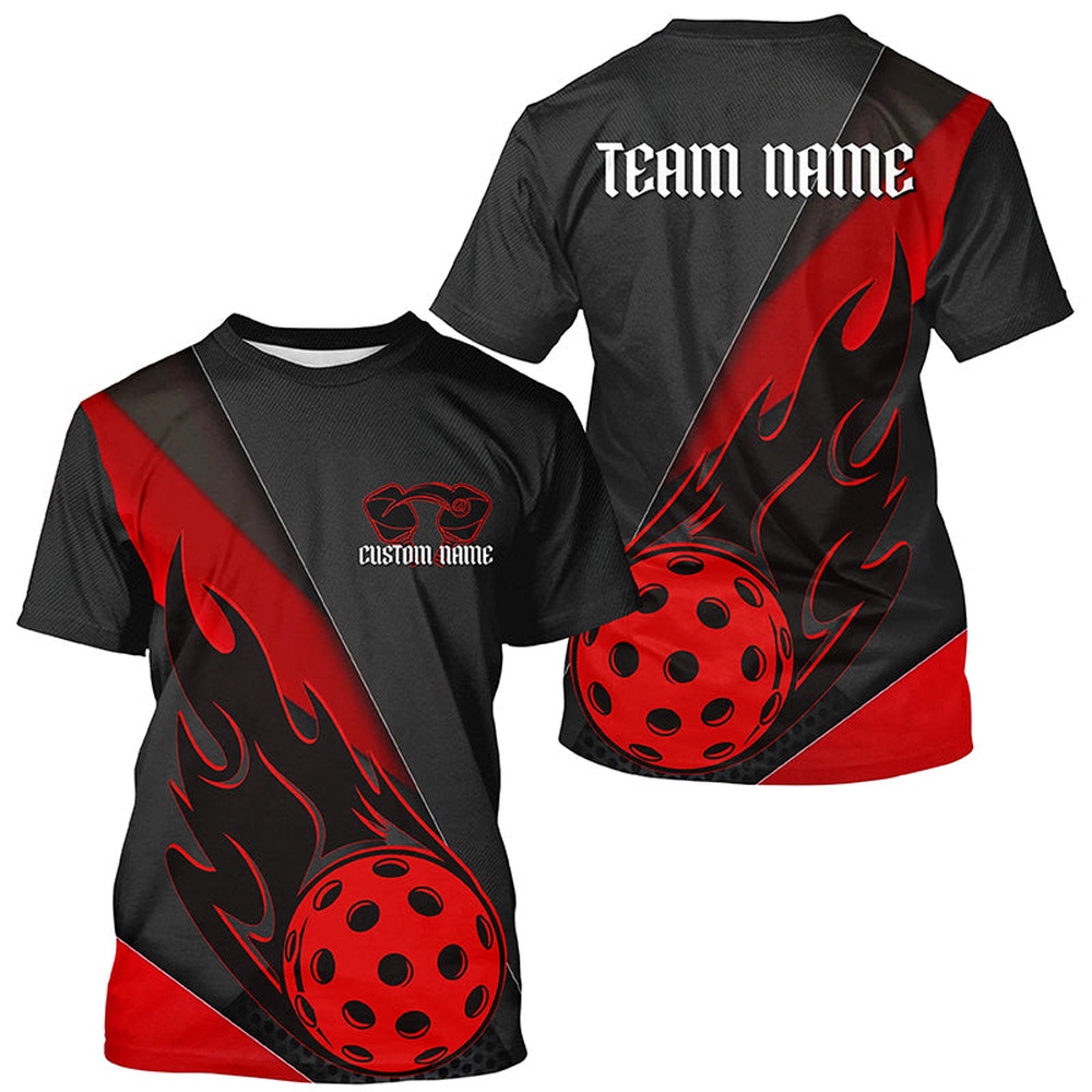 Black And Red Custom Flame Pickleball T-Shirts For Men, Unisex Pickleball Outfits Pickleball Team Shirts