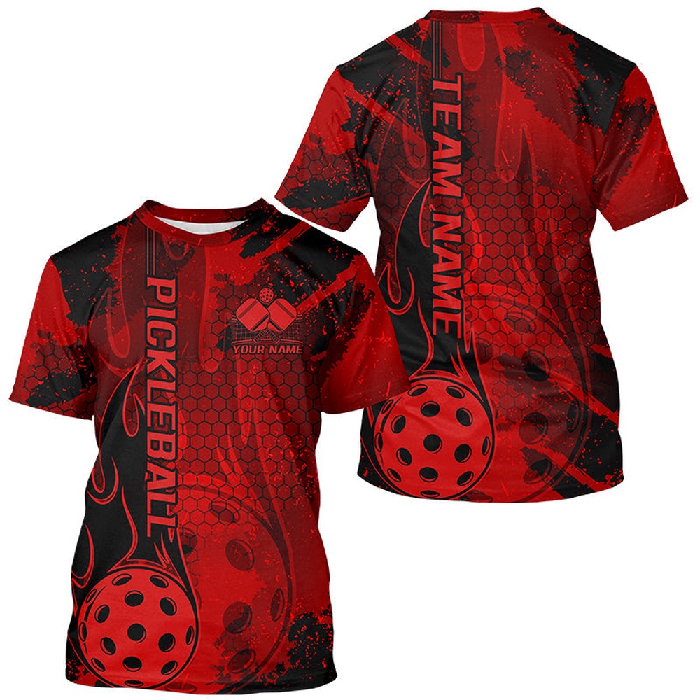 Black And Red Flame Custom Pickleball T-Shirts For Men, Pickleball Uniforms Team Pickleball 3D TShirts