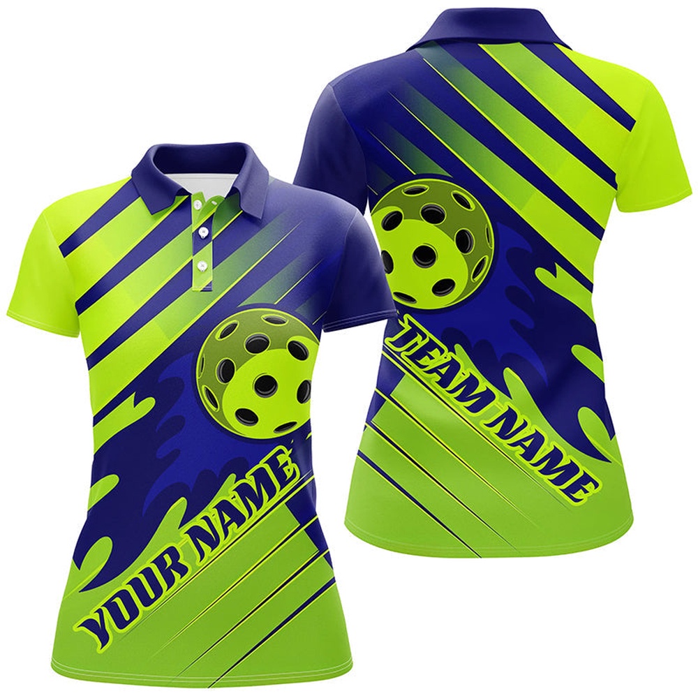 Blue And Green Custom Flame Ball Ladies Pickleball Shirts, Pickleball Team Uniform, Pickleball Polo Shirts