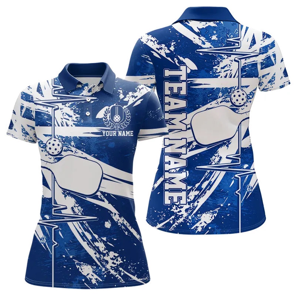 Blue And White Pickleball Heartbeat Pulse Line Custom Pickleball Team Polo Shirts For Women, Pickleball Polo Shirts