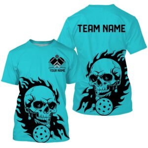 Blue Custom Flame Skull Pickleball T-Shirts For…