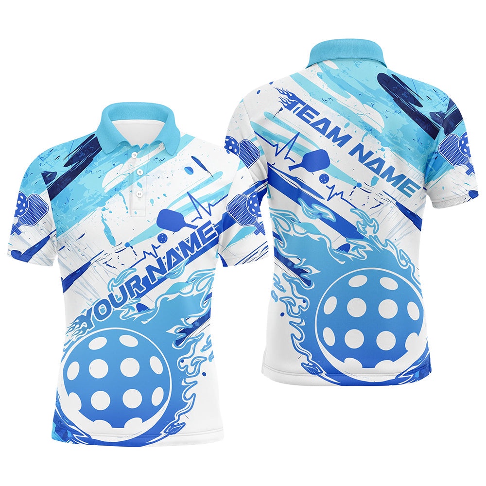 Blue Flame Pickleball Ball Custom Pickleball Polo Shirts For Men, Outdoor Pickleball Polo Shirts, Pickleball Polo Shirts