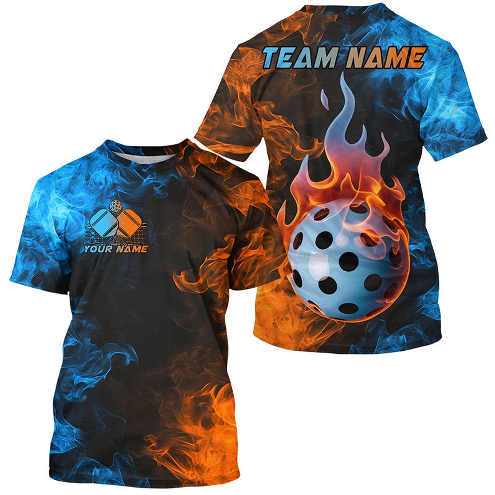Blue Water And Fire Custom Flame Pickleball T-Shirts For Men, Pickleball 3D TShirts