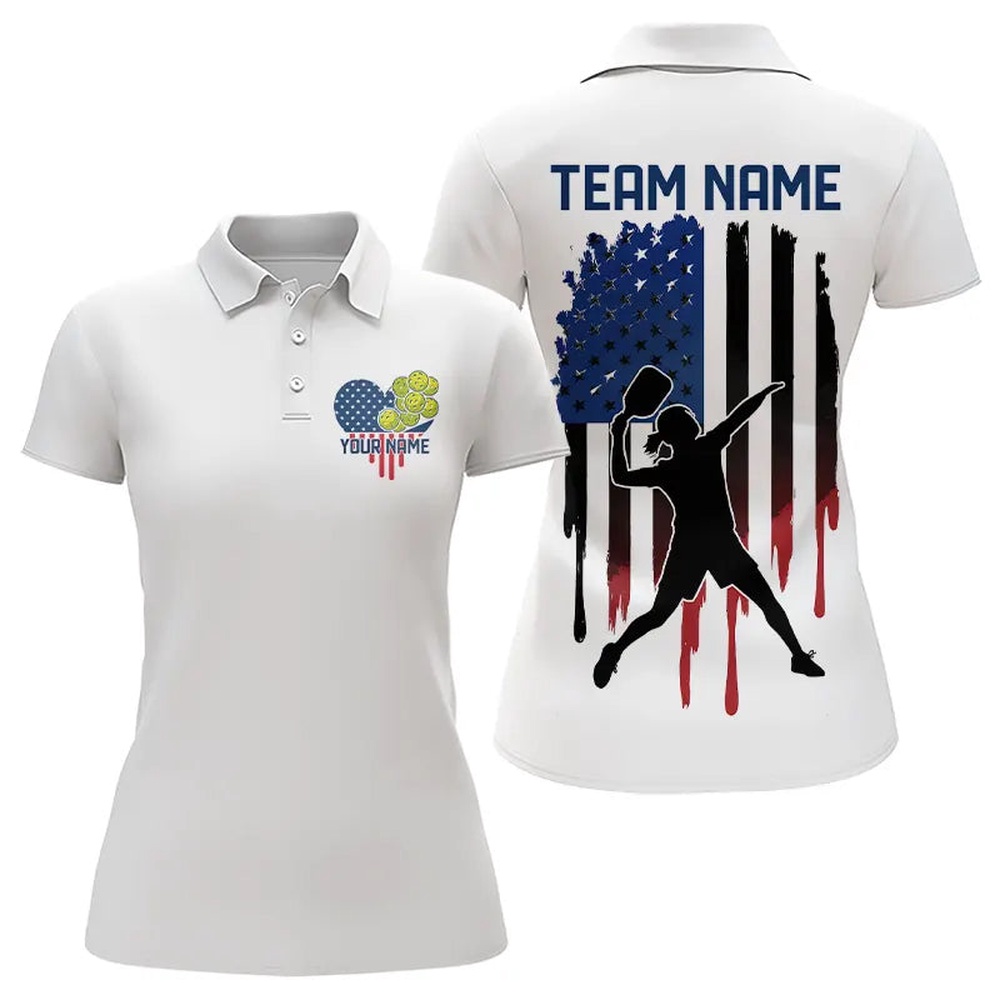 Custom American Flag Patriotic Pickleball Polo Shirts For Women, Love US Pickleball League Shirt, Pickleball Polo Shirts
