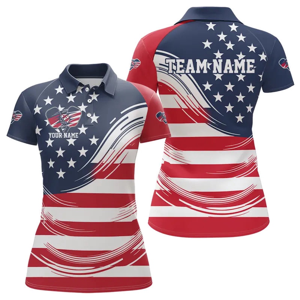Custom American Flag Patriotic Pickleball Polo Shirts For Women, US Pickleball League Shirt, Pickleball Polo Shirts