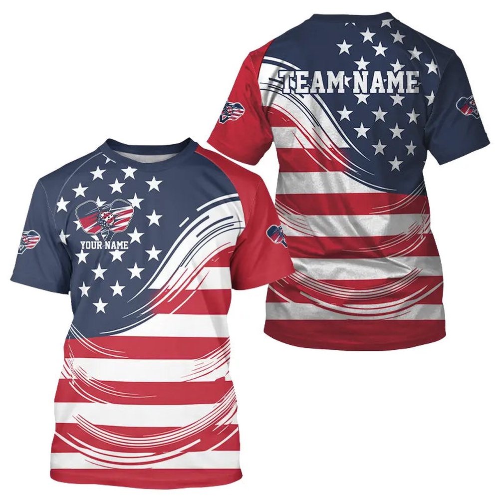 Custom American Flag Patriotic Pickleball T-Shirts For Men, US Pickleball League Shirt