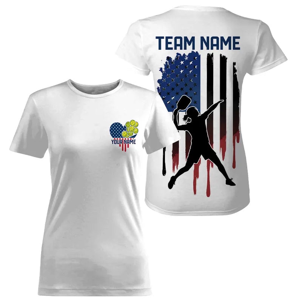 Custom American Flag Patriotic Pickleball T-Shirts For Women, Love US Pickleball League Shirt