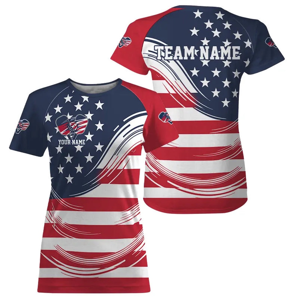 Custom American Flag Patriotic Pickleball T-Shirts For Women, US Pickleball League Shirt