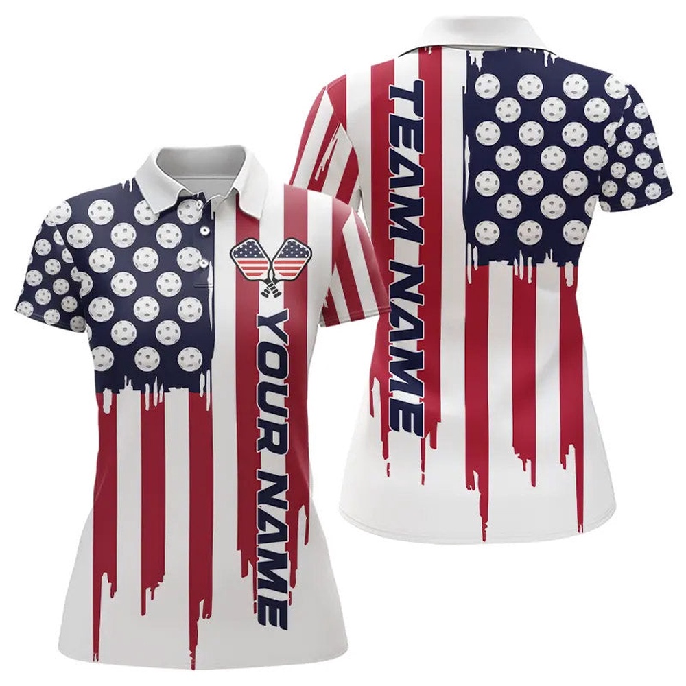 Custom American Flag Pickleball Polo Shirts For Women, Patriotic Pickleball Polo Shirts For Team, Pickleball Polo Shirts
