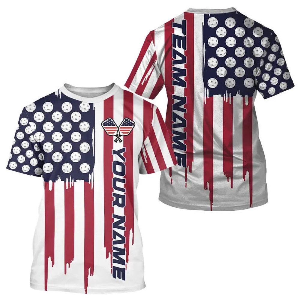 Custom American Flag Pickleball T-Shirts For Men, Patriotic Pickleball 3D TShirts For Team