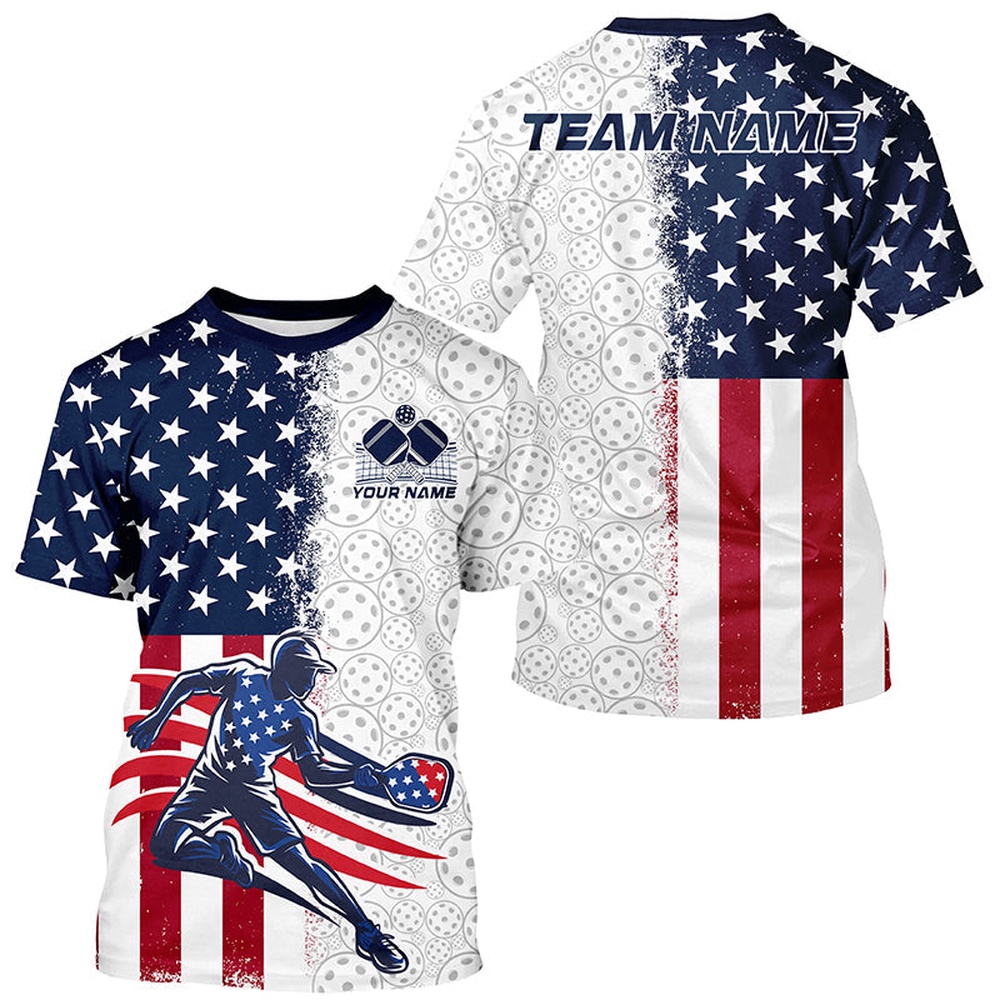 Custom American Flag Pickleball T-Shirts For Men, Patriotic Pickleball League Shirt