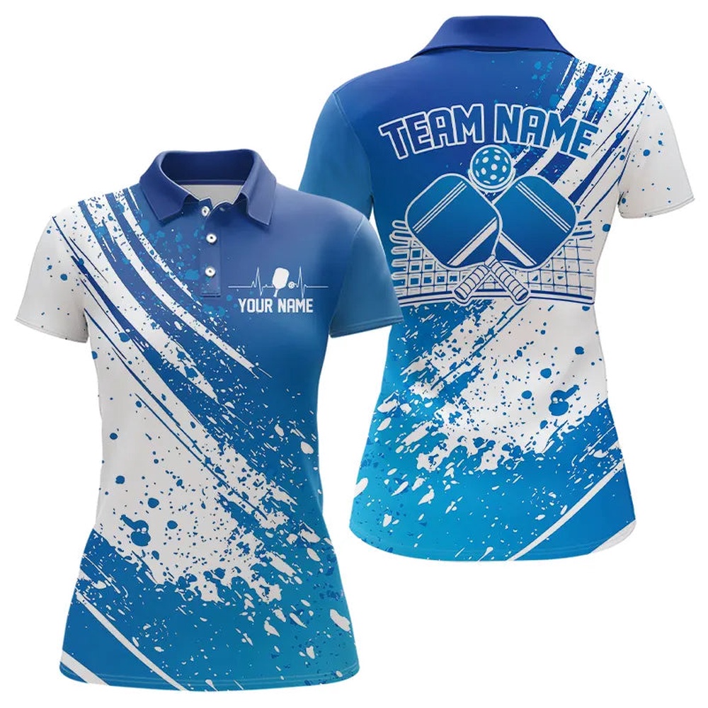 Custom Blue And White Pickleball Polo Shirts For Women, Pickleball Heartbeat Pulse Line Shirt, Pickleball Polo Shirts