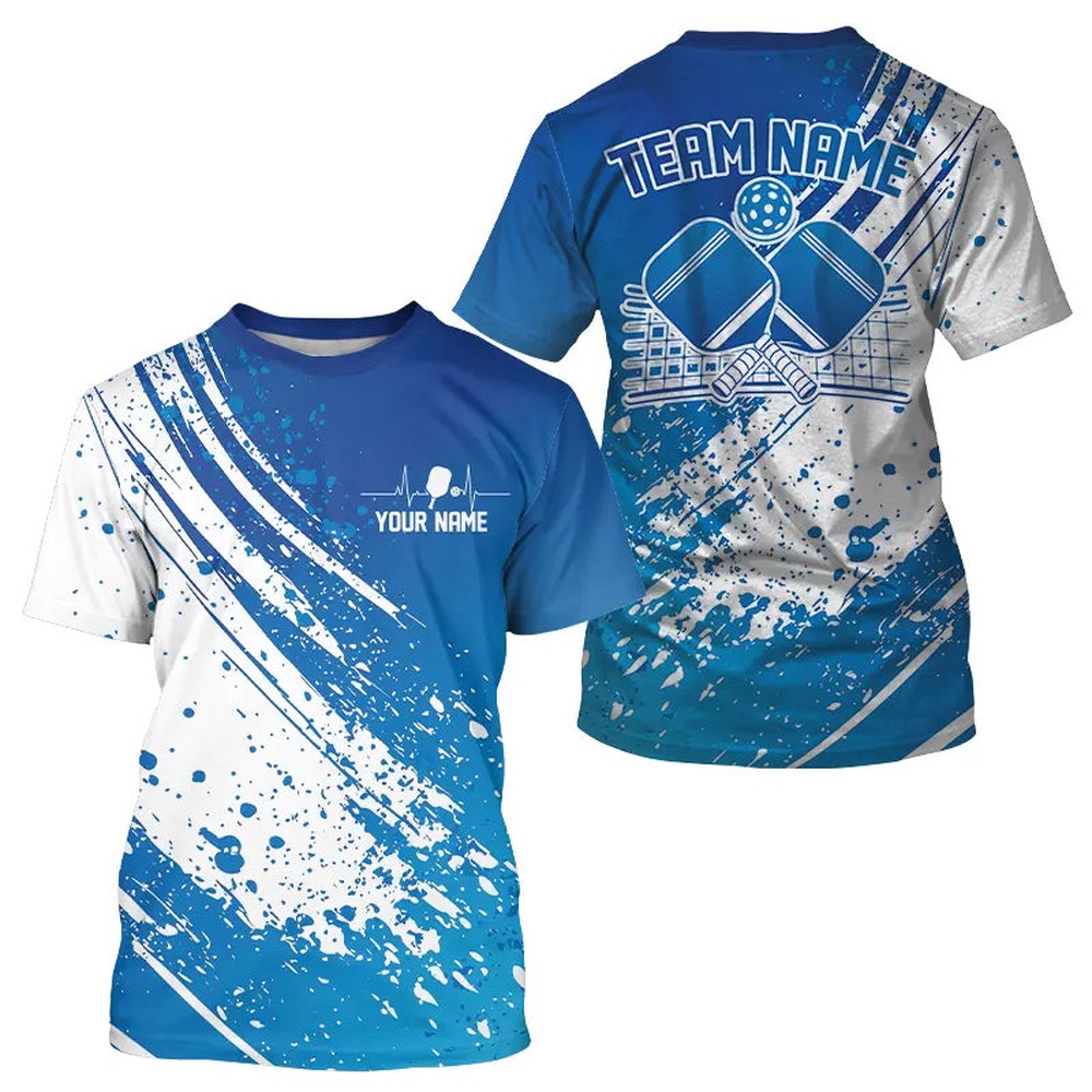 Custom Blue And White Pickleball T-Shirts For Men, Pickleball Heartbeat Pulse Line Custom Blue And White Pickleball T-Shirts For Men, Pickleball Heartbeat Pulse Line
