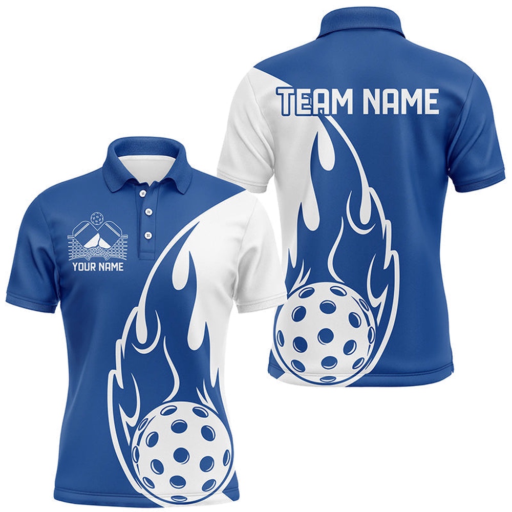Custom Blue Flame Pickleball Shirts For Men, Pickleball Team Uniform Men’s Outfit, Pickleball Polo Shirts