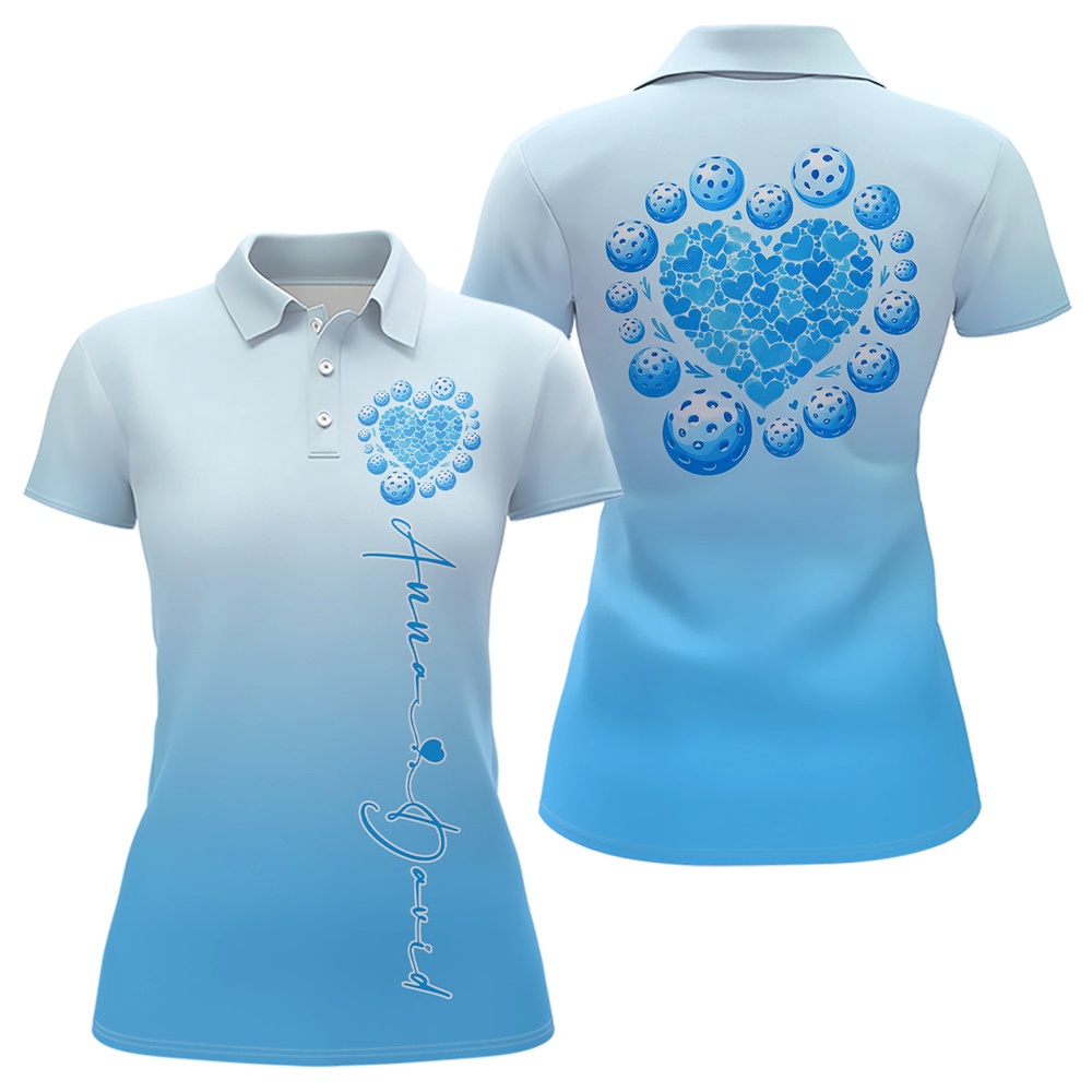 Custom Blue Heart Pickleball Polo Shirts For Women, Valentines Pickleball Couple Shirts, Pickleball Polo Shirts