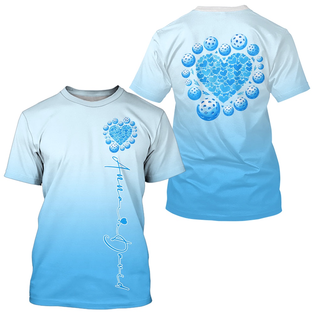 Custom Blue Heart Pickleball T-Shirts For Men, Valentines Pickleball Couple