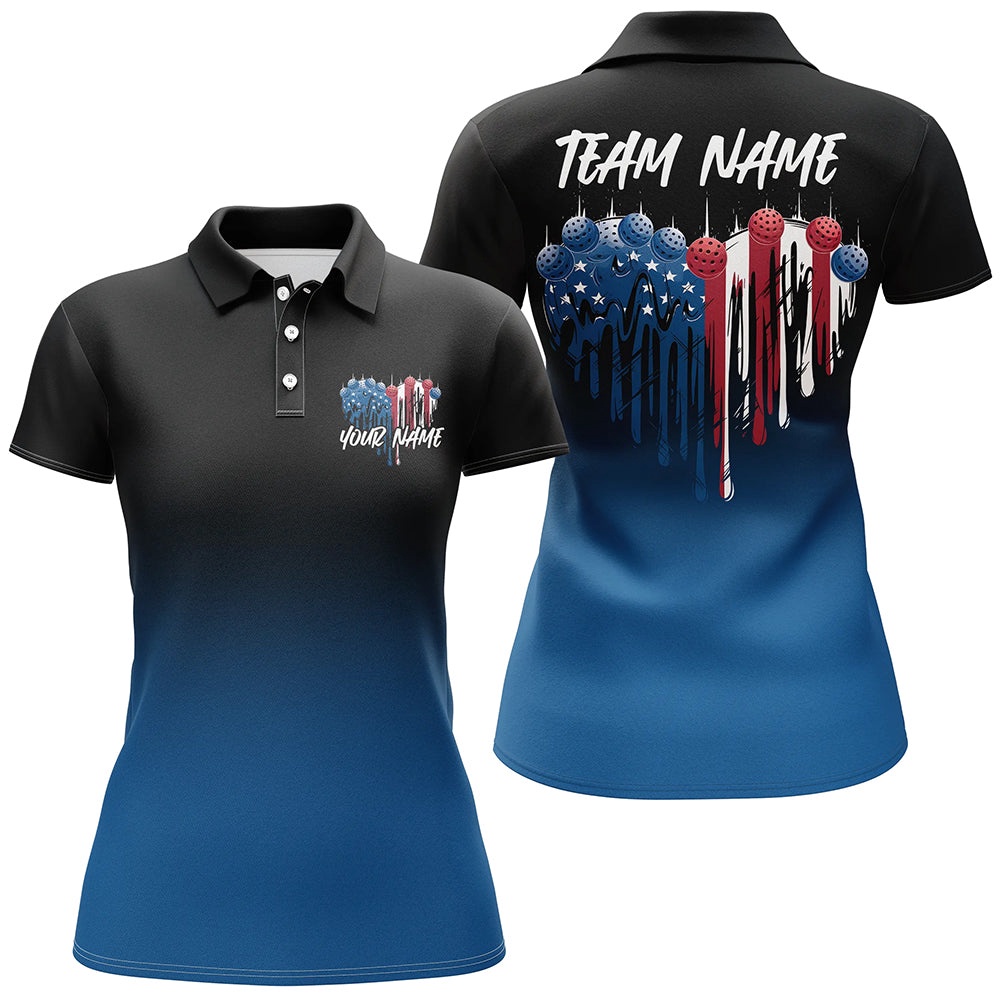 Custom Blue Patriotic Heart Pickleball Polo Shirts For Women, US Flag Pickleball Team Shirt, Pickleball Polo Shirts