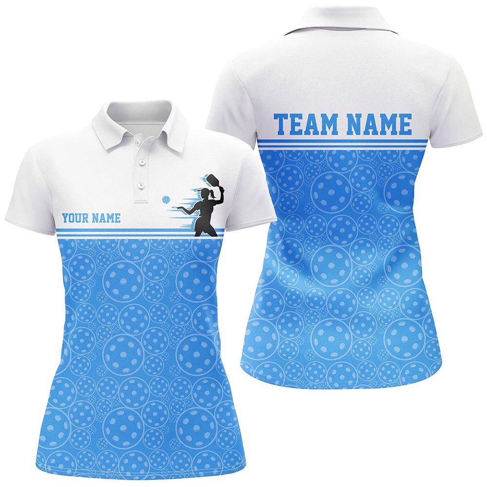 Custom Blue Pickleball Polo Shirts For Women, Pickleball Pattern Ladies Team Uniform, Pickleball Polo Shirts