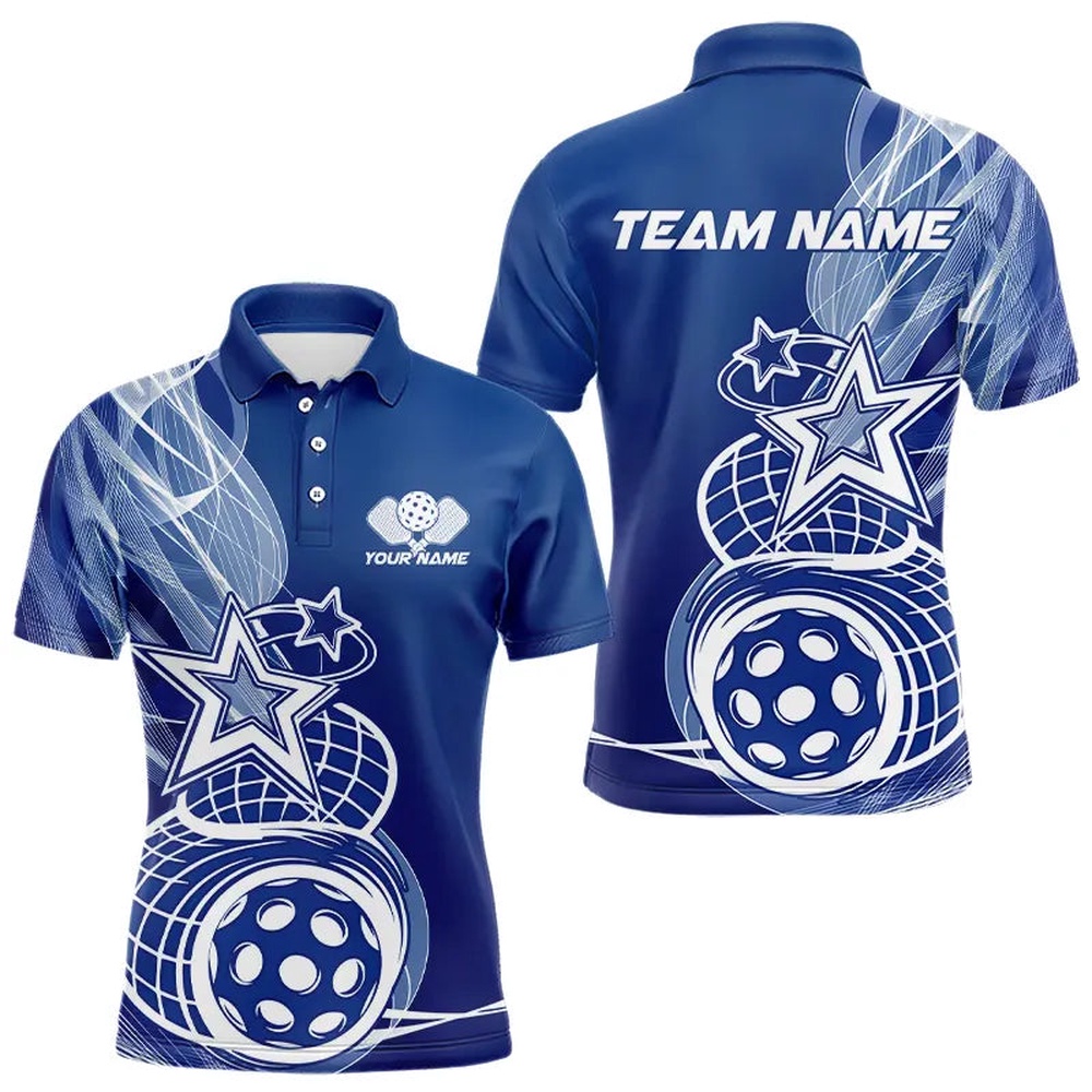 Custom Blue Pickleball Star Polo Shirts For Men, Outdoor Pickleball Team Uniform, Pickleball Polo Shirts