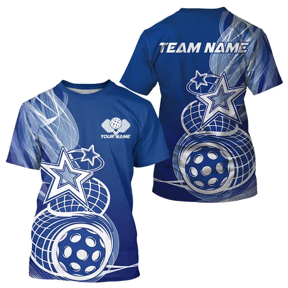Custom Blue Pickleball Star T-Shirts For Men, Outdoor Pickleball Team Uniform