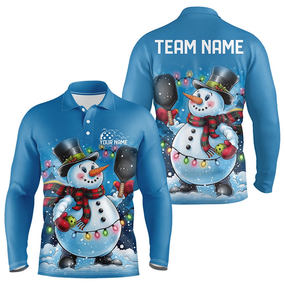 Custom Christmas Snowman Pickleball Long Sleeve Polo Shirts For Men, Xmas Pickleball Team Shirt, Pickleball Polo Shirts