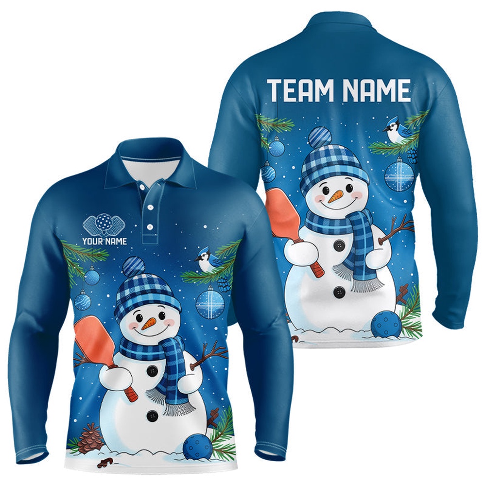 Custom Christmas Snowman Pickleball Long Sleeve Polo Shirts For Men, Xmas Pickleball Team Shirts, Pickleball Polo Shirts