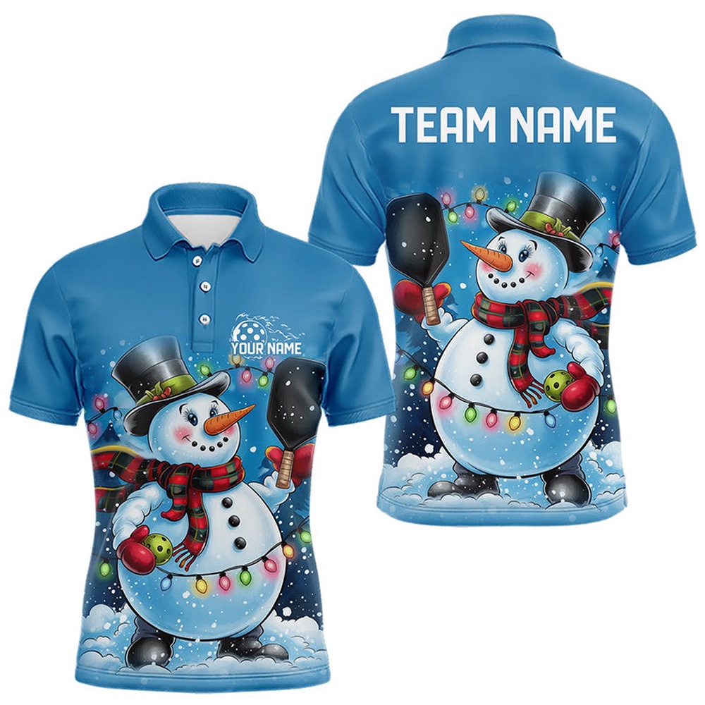 Custom Christmas Snowman Pickleball Polo Shirts For Men, Xmas Pickleball Team Shirt, Pickleball Polo Shirts