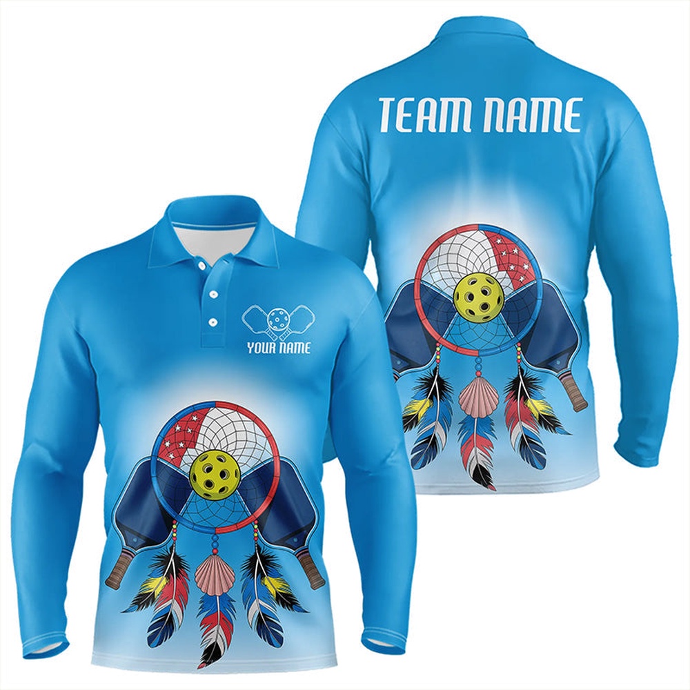 Custom Dreamcatcher Pickleball Long Sleeve Polo Shirts For Men, Native Pickleball Shirt, Pickleball Polo Shirts