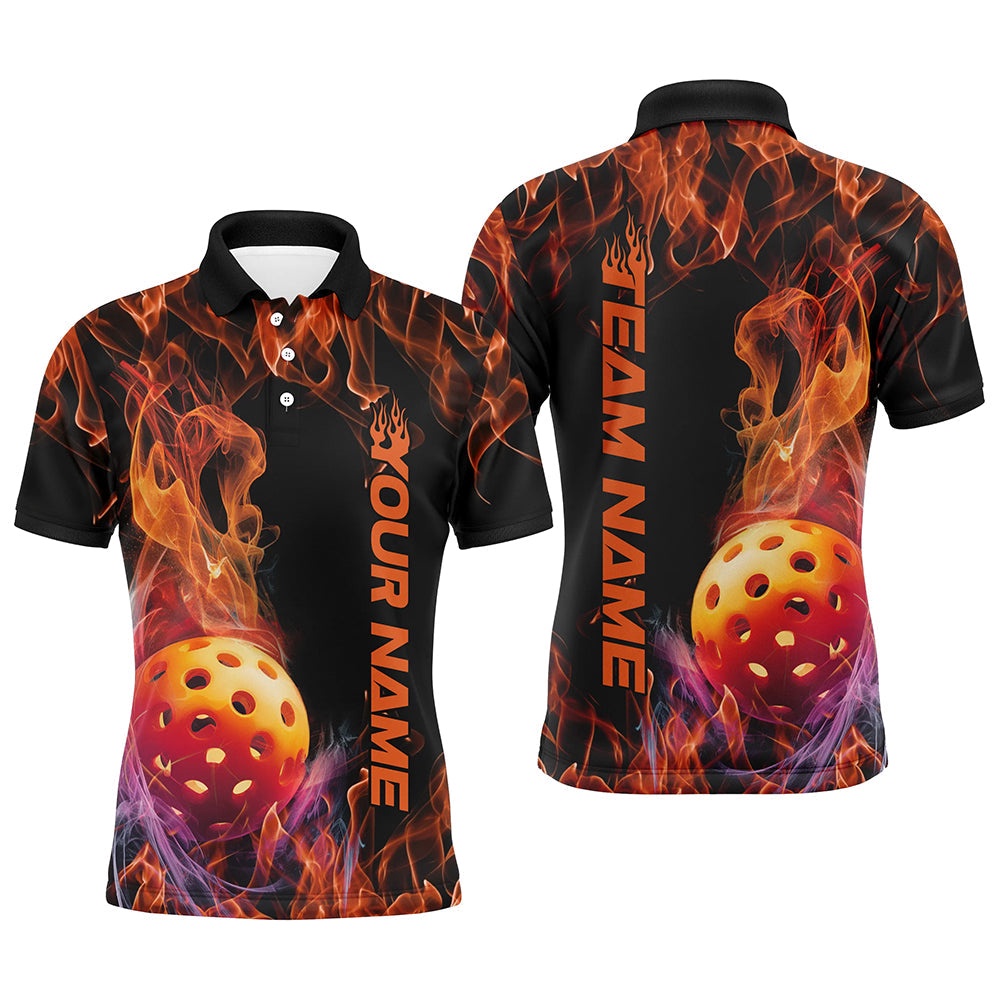 Custom Flame Pickleball Polo Shirts For Men, Fire Pickleball Polo Shirts, Pickleball Polo Shirts