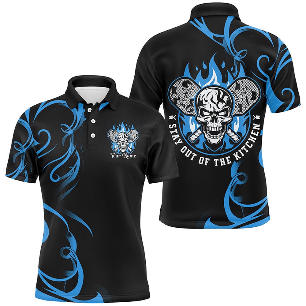 Custom Flame Skull Pickleball Polo Shirts For Men Sayings Stay Out Of The Kitchen Blue, Pickleball Polo Shirts