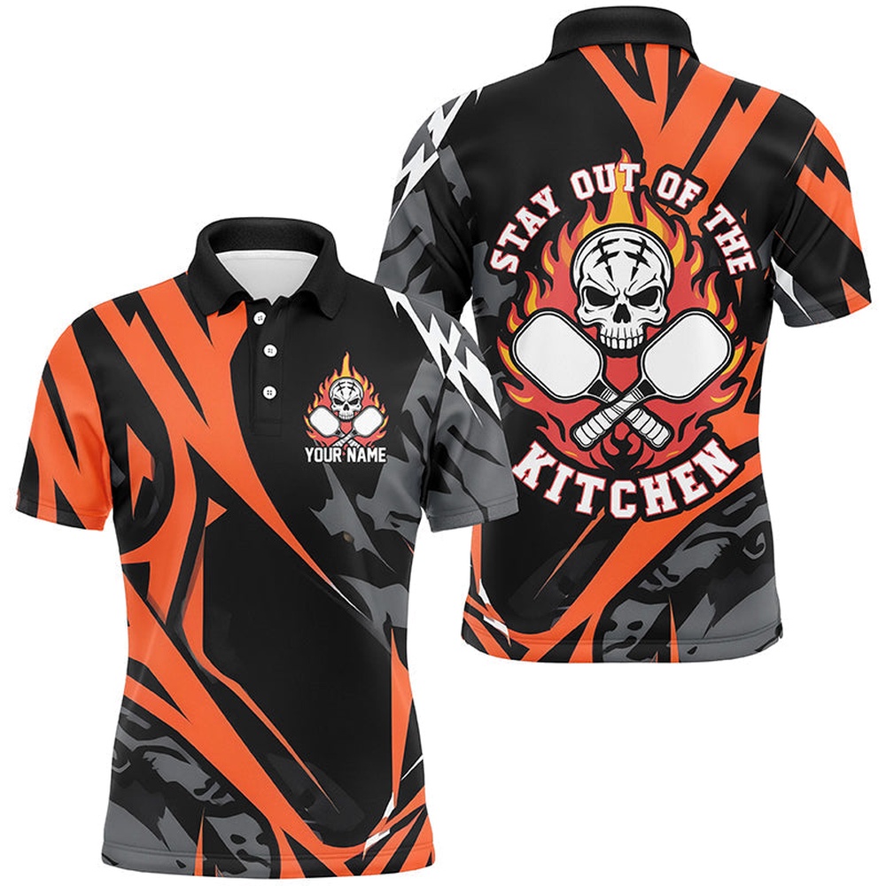 Custom Flame Skull Pickleball Polo Shirts For Men Sayings Stay Out Of The Kitchen, Pickleball Polo Shirts