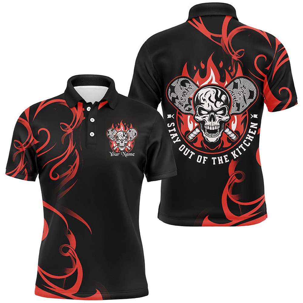 Custom Flame Skull Pickleball Polo Shirts For Men Sayings Stay Out Of The Kitchen Red, Pickleball Polo Shirts
