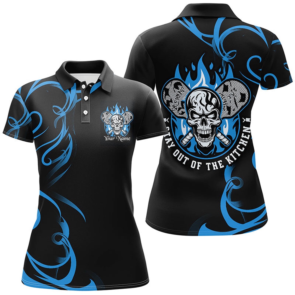 Custom Flame Skull Pickleball Polo Shirts For Women’s Stay Out Of The Kitchen Blue, Pickleball Polo Shirts