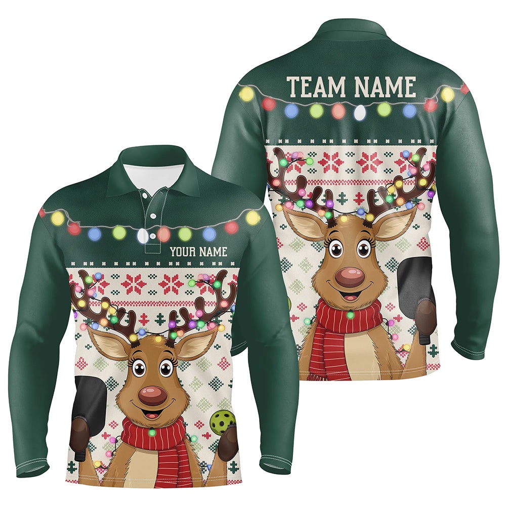 Custom Funny Christmas Reindeer Pickleball Long Sleeve Polo Shirts For Men, Pickleball Outfit, Pickleball Polo Shirts