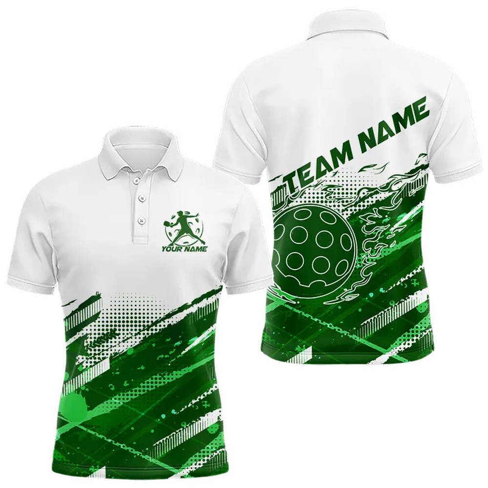 Custom Green Flame Pickleball Polo Shirts For Men, Pickleball Team Name Shirt, Pickleball Polo Shirts