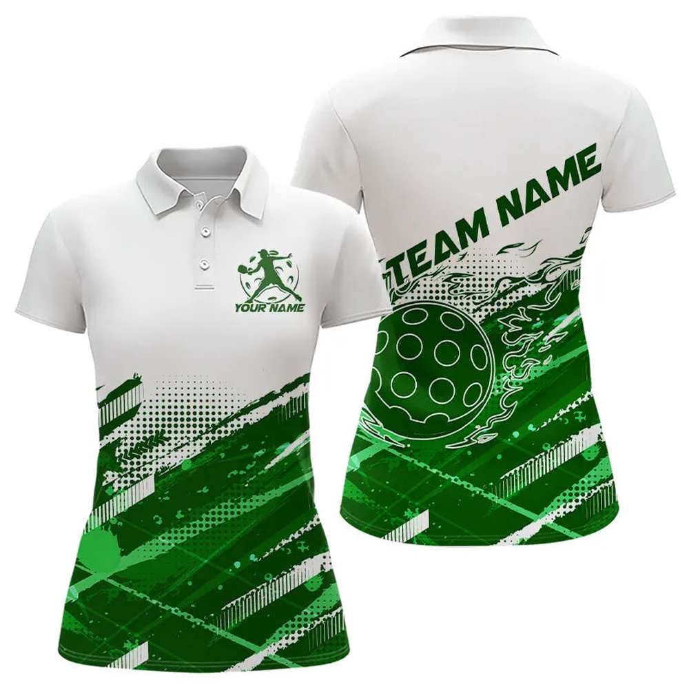 Custom Green Flame Pickleball Polo Shirts For Women, Pickleball Team Name Shirt, Pickleball Polo Shirts