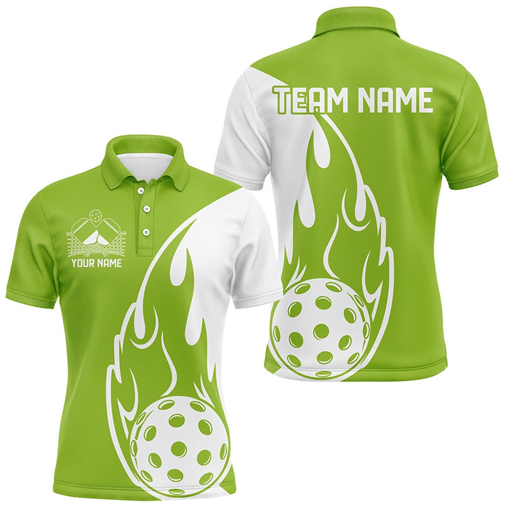 Custom Green Flame Pickleball Shirts For Men, Pickleball Team Uniform Men’s Outfit, Pickleball Polo Shirts