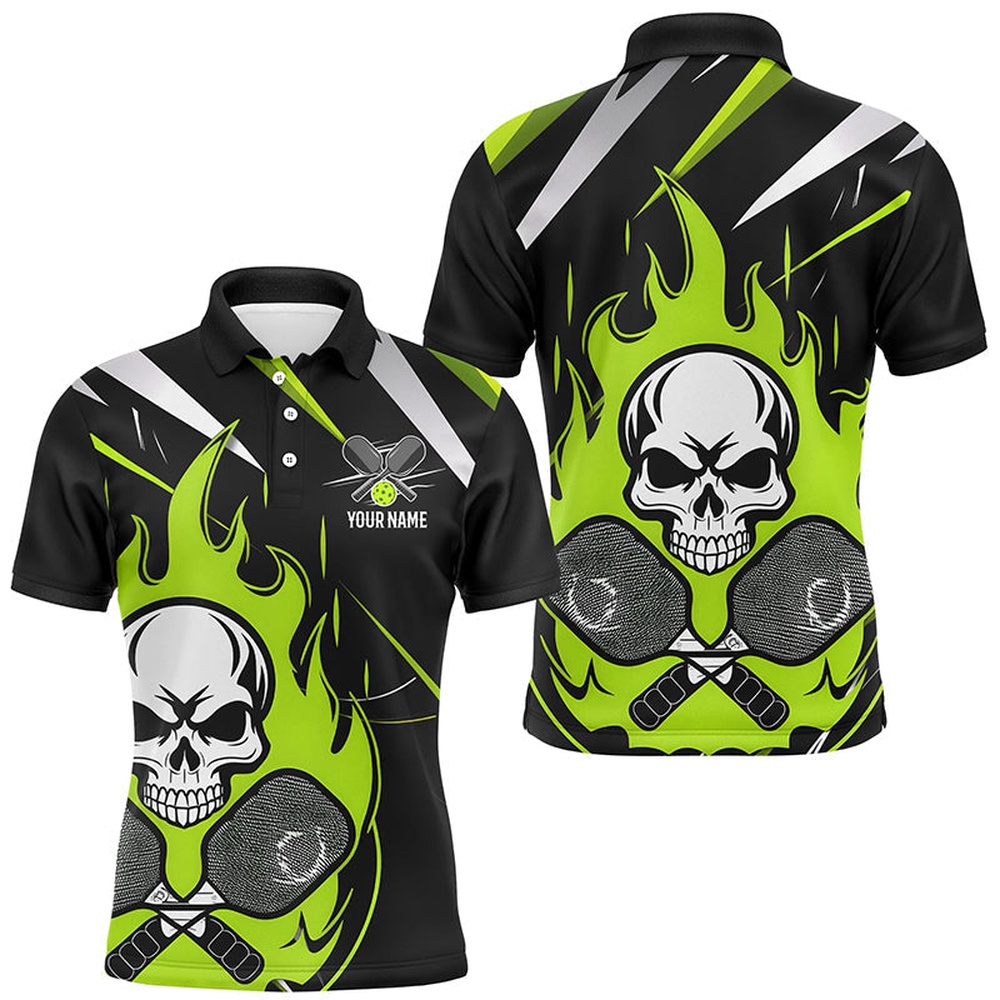 Custom Green Flame Pickleball Shirts For Men, Skull Pickleball Polo Shirts For Team, Pickleball Polo Shirts