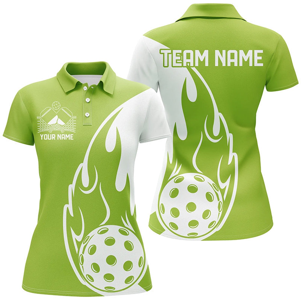 Custom Green Flame Pickleball Shirts For Women, Pickleball Team Uniform Women’s Outfit, Pickleball Polo Shirts