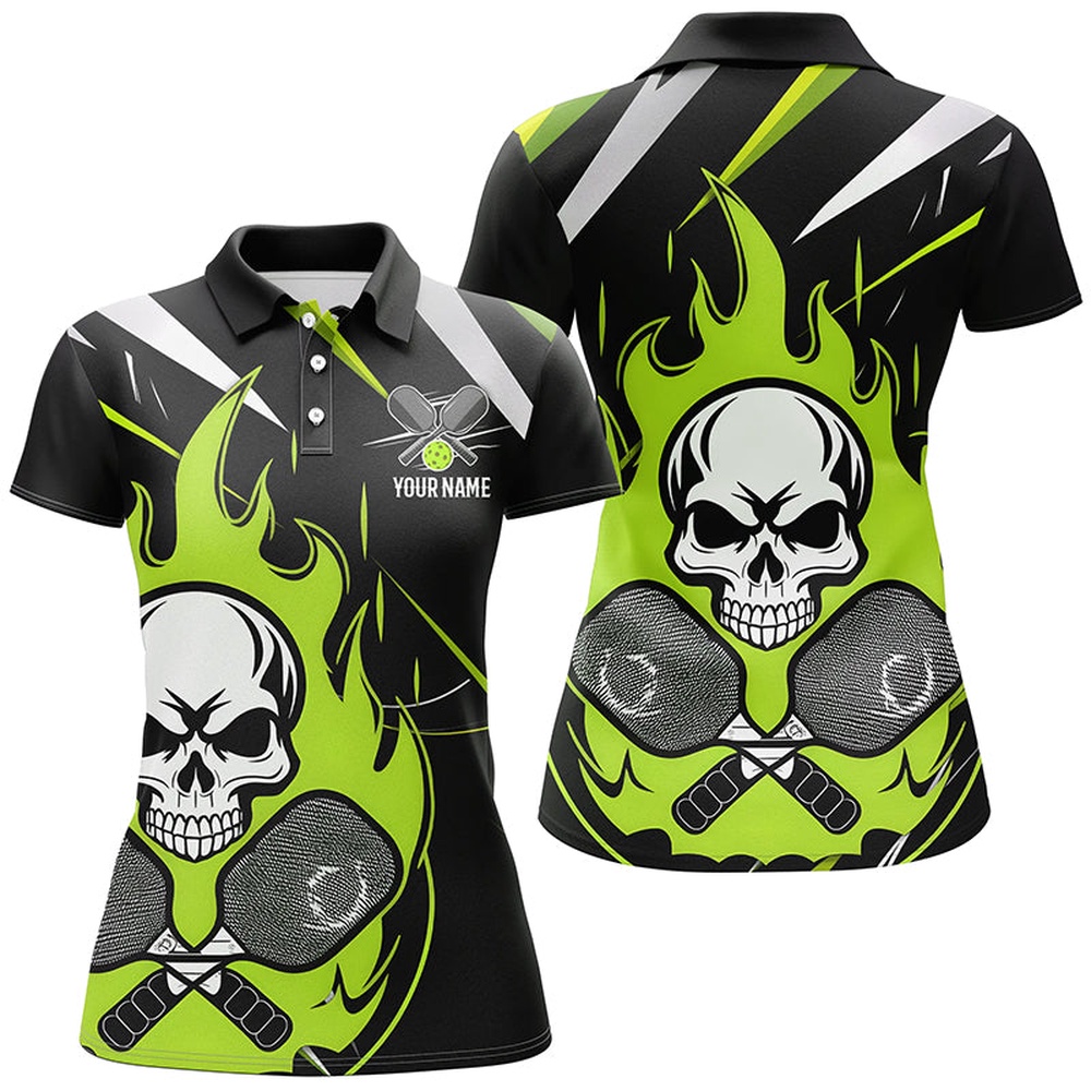 Custom Green Flame Pickleball Shirts for women, Skull Pickleball Polo Shirts For Team, Pickleball Polo Shirts