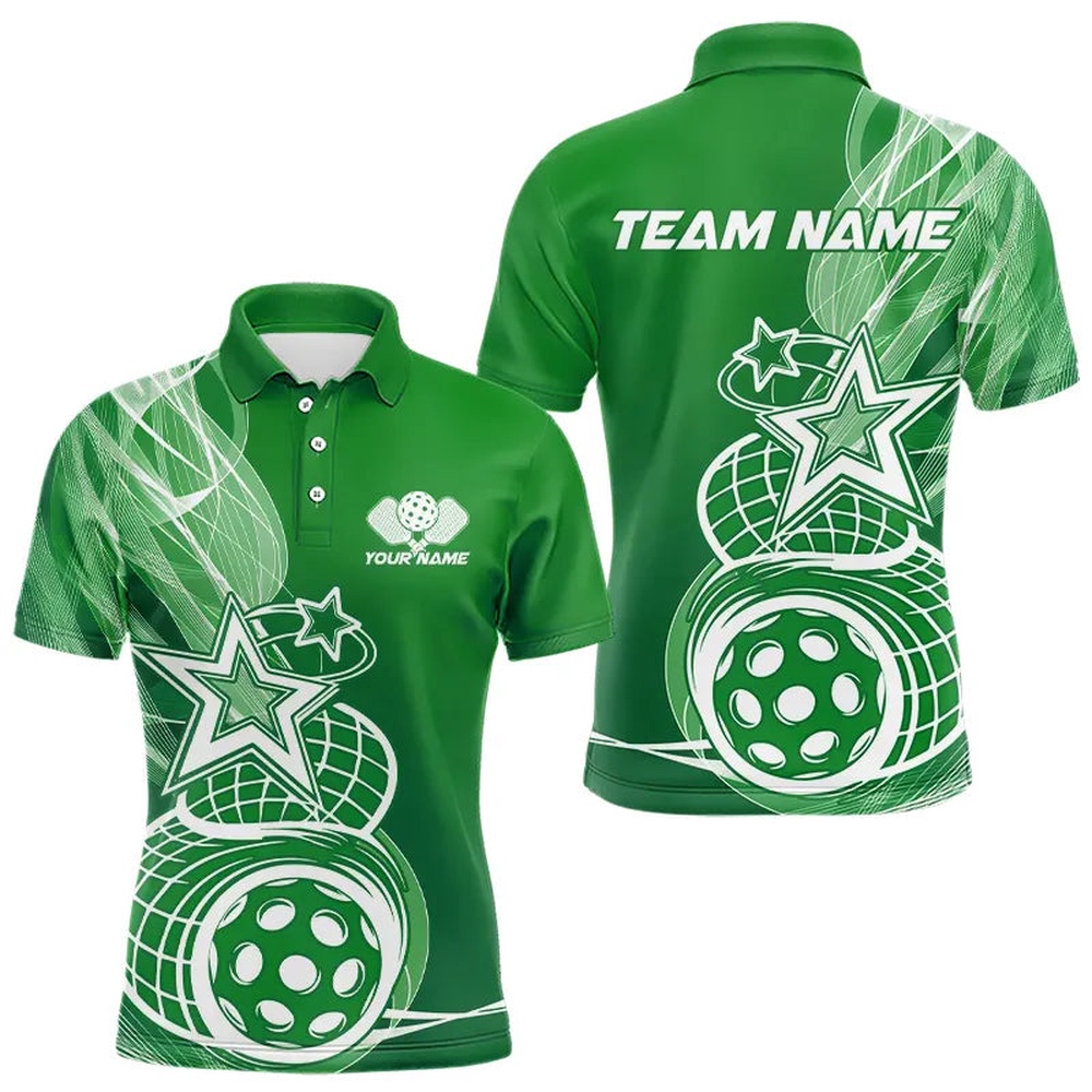 Custom Green Pickleball Star Polo Shirts For Men, Outdoor Pickleball Team Uniform, Pickleball Polo Shirts