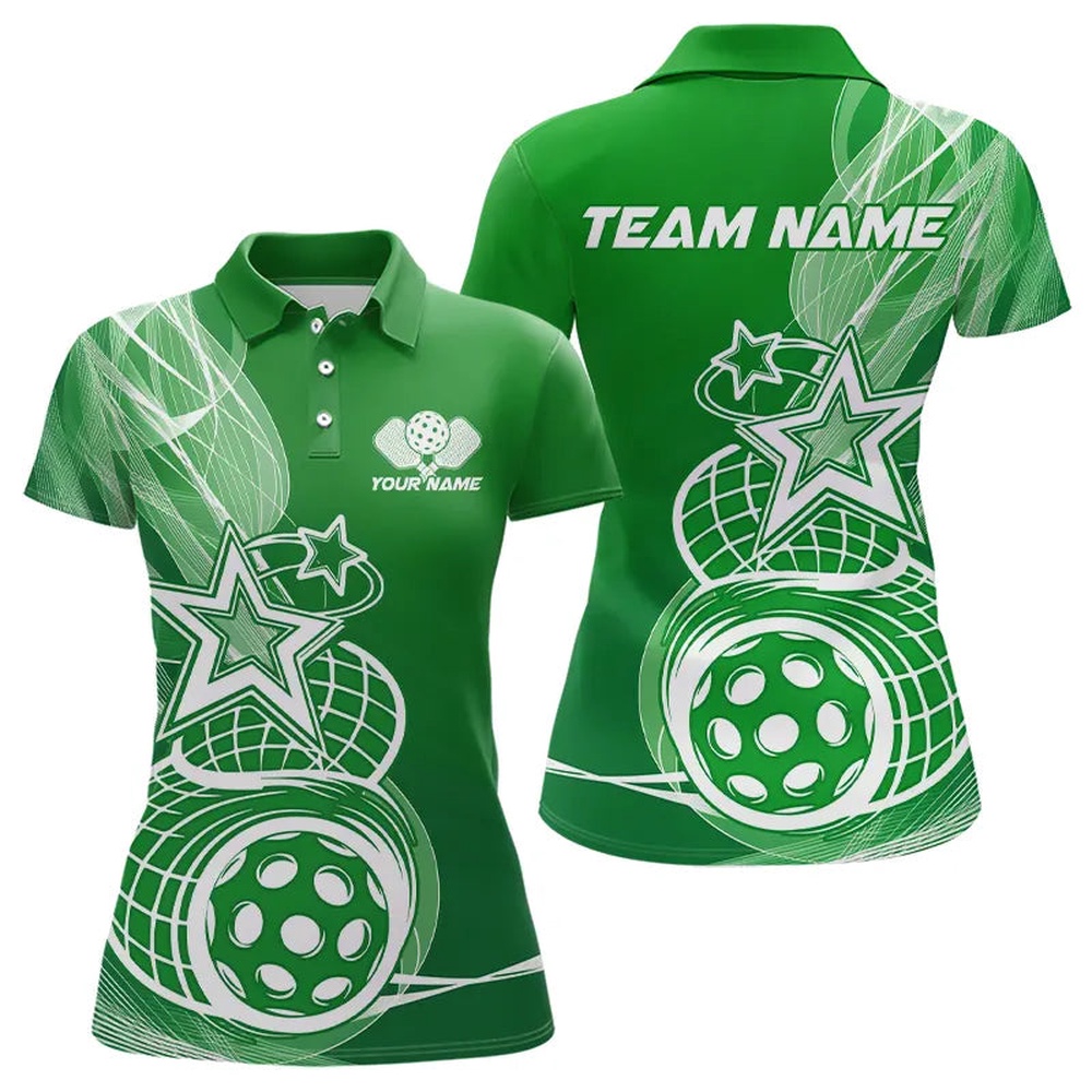 Custom Green Pickleball Star Polo Shirts For Women, Outdoor Pickleball Team Uniform, Pickleball Polo Shirts