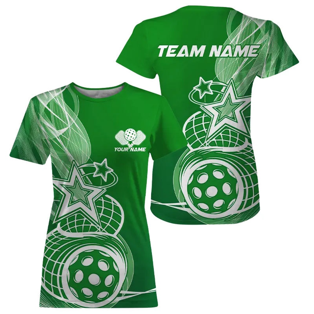 Custom Green Pickleball Star T-Shirts For Women, Outdoor Pickleball Team Uniform