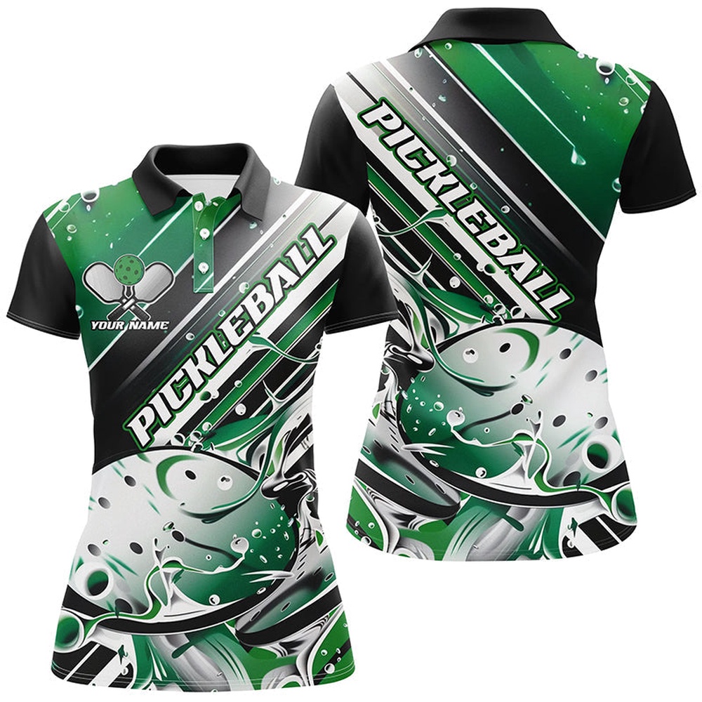Custom Ladies Pickleball Polo Shirts, Black And Green Pickleball Outfit Pickleball Shirts, Pickleball Polo Shirts