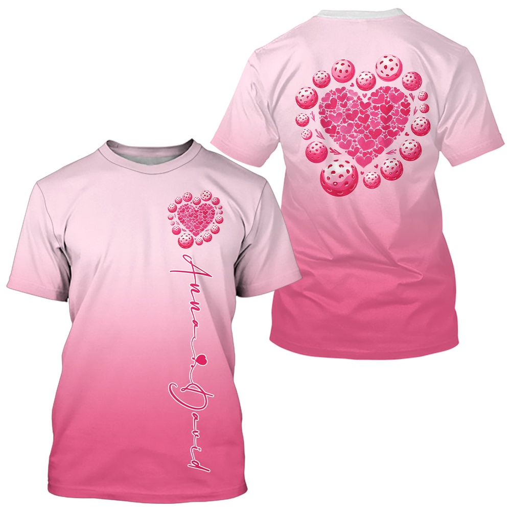 Custom Pink Heart Pickleball T-Shirts For Men, Valentines Pickleball Couple