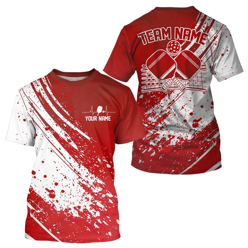 Custom Red And White Pickleball T-Shirts For Men, Pickleball Heartbeat Pulse Line