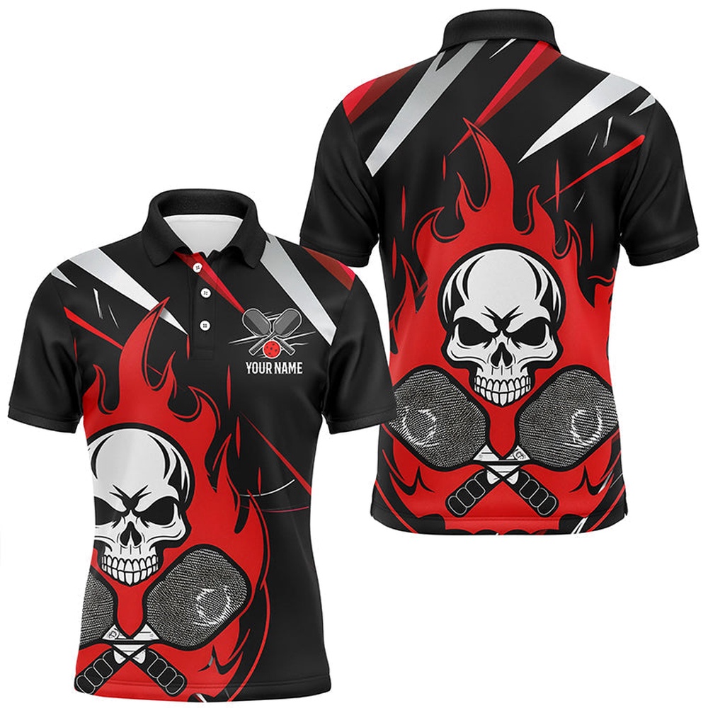 Custom Red Flame Pickleball Shirts For Men, Skull Pickleball Polo Shirts For Team, Pickleball Polo Shirts