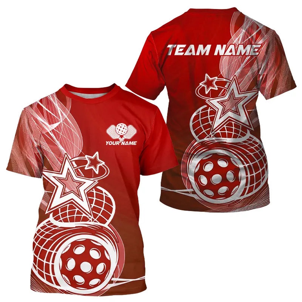 Custom Red Pickleball Star T-Shirts For Men, Outdoor Pickleball Team Uniform Custom Red Pickleball Star T-Shirts For Men, Outdoor Pickleball Team Uniform