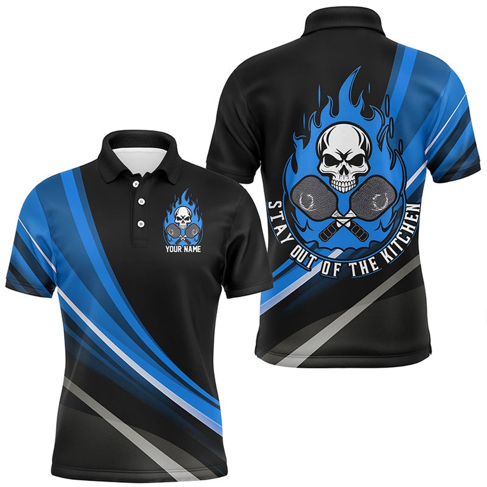 Custom Skull Men’s Pickleball Polo Shirts, Stay Out Of The Kitchen Pickleball Attire Blue, Pickleball Polo Shirts