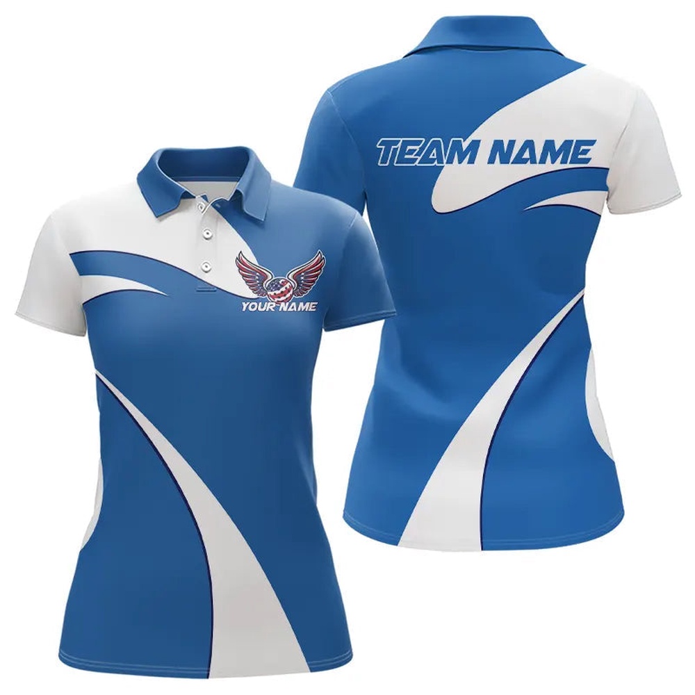 Custom US Flag Picklebal Wings Blue Polo Shirts For Women, Patriot Pickleball Team Shirt, Pickleball Polo Shirts
